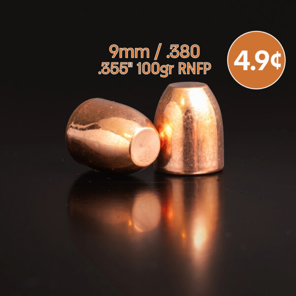 New 9mm / .380 (.355") 100gr RNFP Copper Plated Bullets
